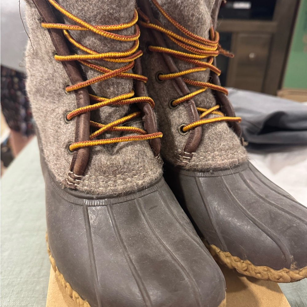 LL Bean Brown and Tan Duck Boots with Orange Laces